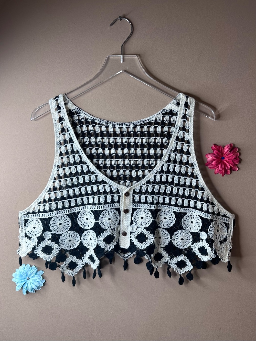 Crochet Festival Women’s Floral Cropped Vest Top Boho Granola Girl Hippie Fair
